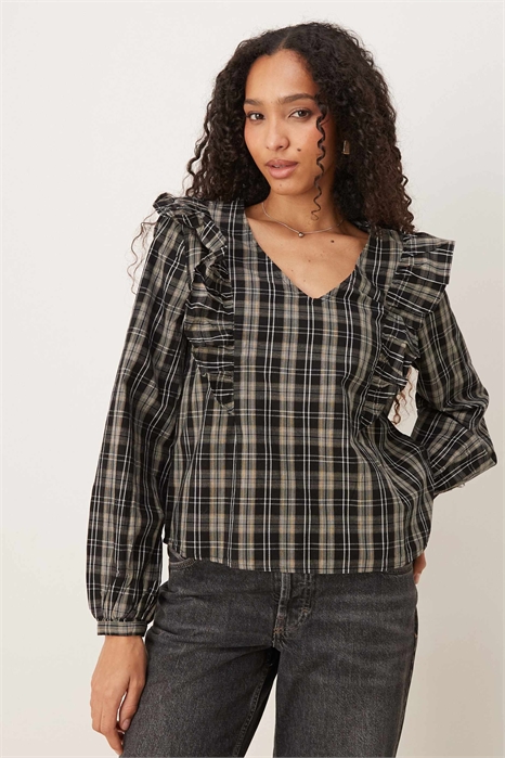 Блузка с V-образным вырезом и оборками артикул 149730126