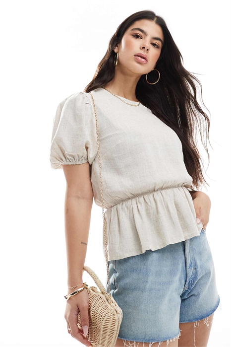 Топ с баской под цвет льна и рукавами-буфетками артикул 140594754