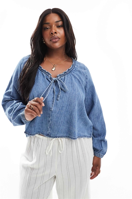 ASOS DESIGN: блузка из денима с рукавами-балонами и льняными вставками для полных артикул 140699878
