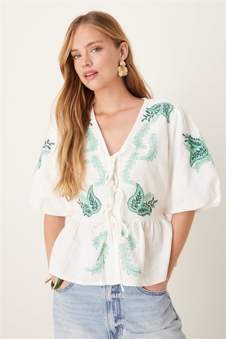 Топ премиум-класса с вышивкой в стиле «пейсли», завязками спереди и пеплумом по низу артикул 148716128