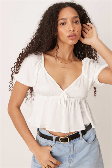 Блузка с пеплумом, завязками спереди и буфчатыми рукавами артикул 141303694