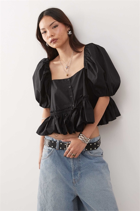 Блузка с пеплумом в стиле «доярки» и рукавами-буф артикул 143726671