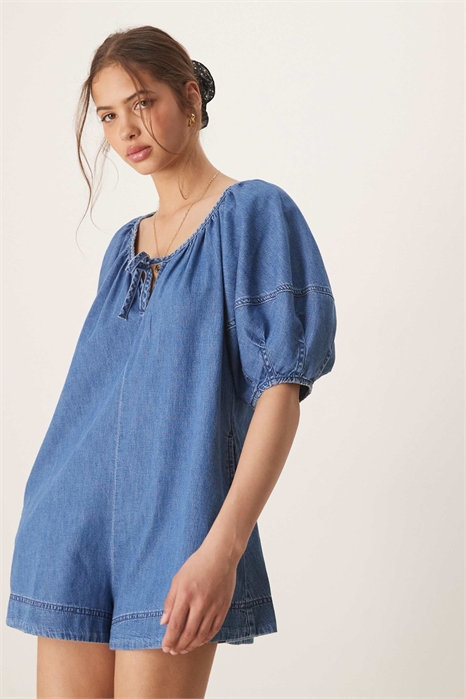 Комбинезон из мягкого денима с рукавами-балонами артикул 143080648