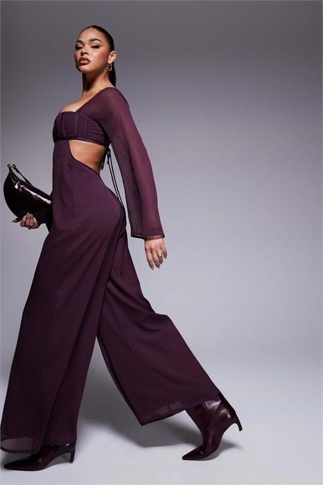 Комбинезон с атласным корсетом, широкими брючинами и вырезами артикул 140312221