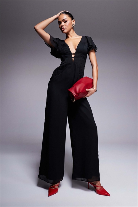 Комбинезон с рукавами-крылышками и широкими брюками с рюшами артикул 139675040