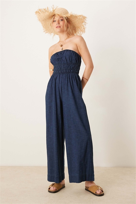 Комбинезон из мягкого денима с широкими брючинами, без бретелек и с сборками на талии артикул 140140393