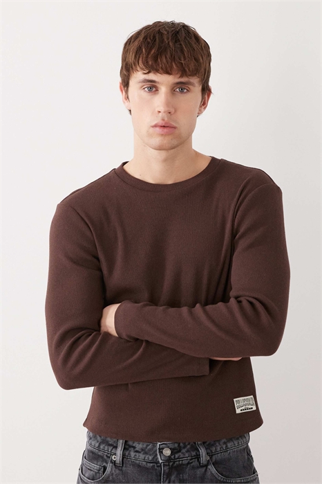 Приталенный топ с длинными рукавами из ребристой ткани артикул 155678024