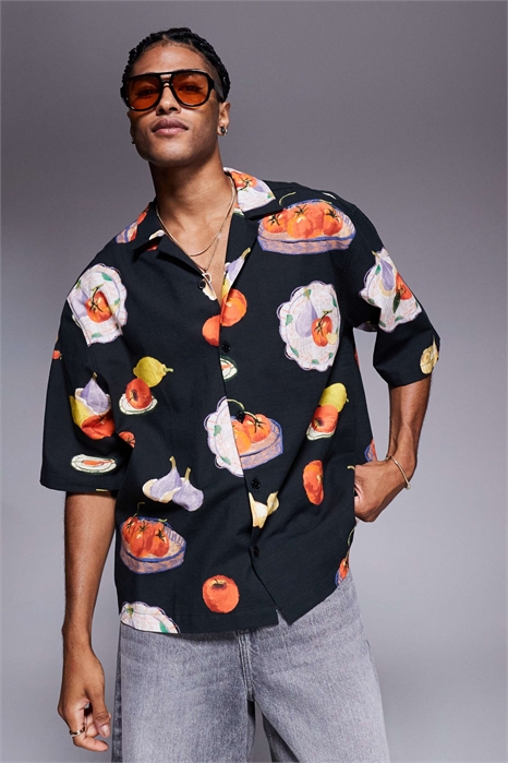 Рубашка свободного кроя с принтом и отложным воротником артикул 148257159