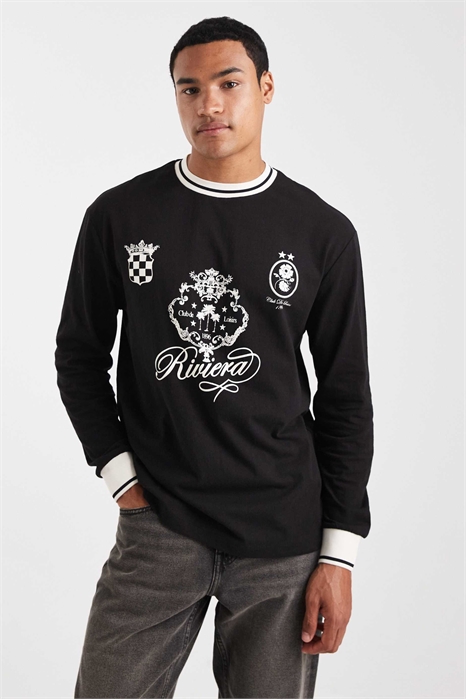 Футболка свободного кроя с длинными рукавами, отделкой в контрастный цвет и спортивным принтом артикул 151095427