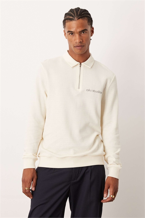 Свитшот с воротником и принтом на груди, с четвертью молнии, цвет экрю артикул 151222316