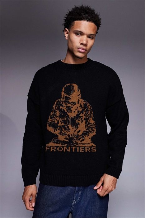 Свитер из трикотажа оверсайз с графическим принтом Frontiers черного цвета артикул 152625408