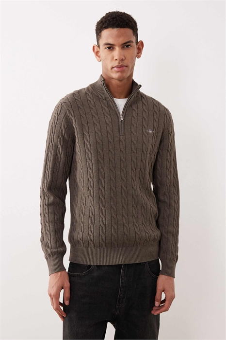 Свитер из хлопка с косой вязкой и полузастежкой-молнией артикул 154278485