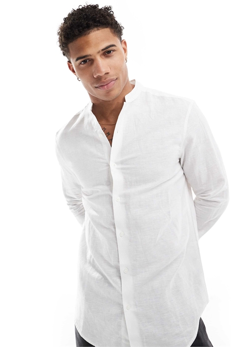 Классическая рубашка из льна с воротником-стойкой артикул 110188633