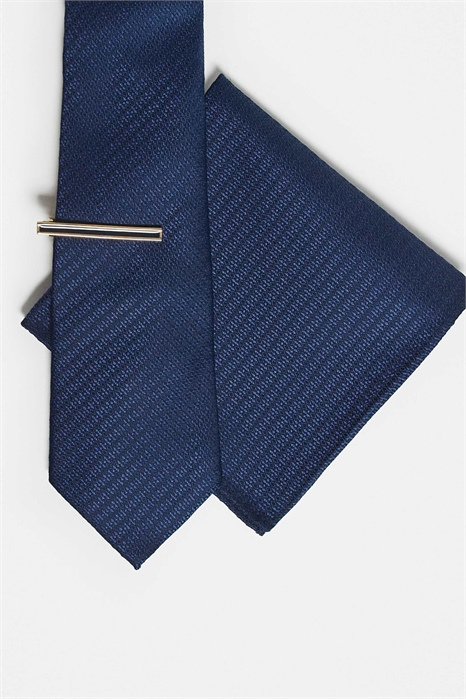 Галстук и карманный платок с атласной текстурой темно-синего цвета с зажимом для галстука артикул 149634970