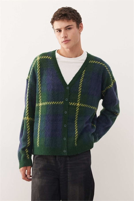 Вязаный кардиган в сине-неонно-зеленую клетку артикул 149432192