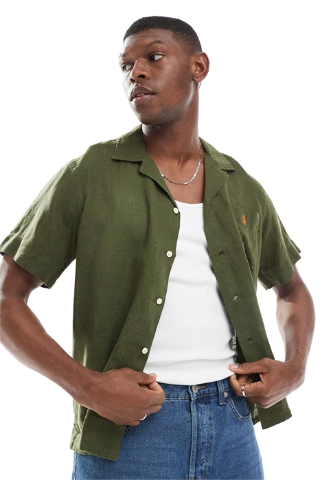 Рубашка из льна с логотипом, коротким рукавом и воротником-ревер, классический крой свободного покроя артикул 140858994