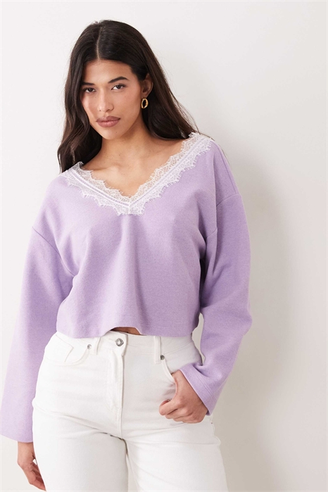 Топ с V-образным вырезом из ворсованной ребристой ткани с кружевом артикул 156183595