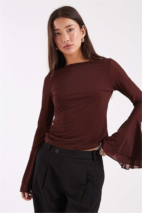 Облегающая кофта с длинными рукавами и расклешенными рукавами из сетки артикул 153839455