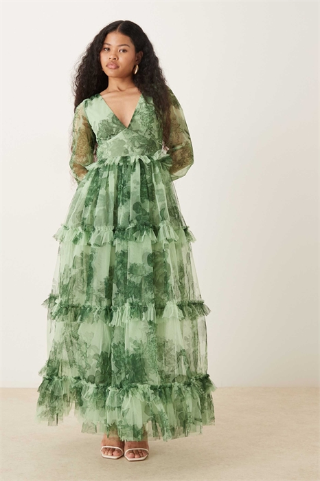 Макси-платье из тюля с глубоким вырезом, прозрачными рукавами и многослойным силуэтом артикул 153787689