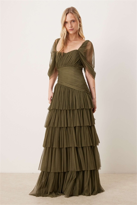 Макси-платье из тюля с асимметричными оборками артикул 154401415