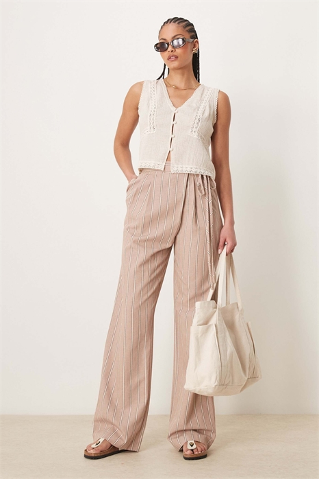 Высокие брюки с завязками на талии из льна артикул 140860389