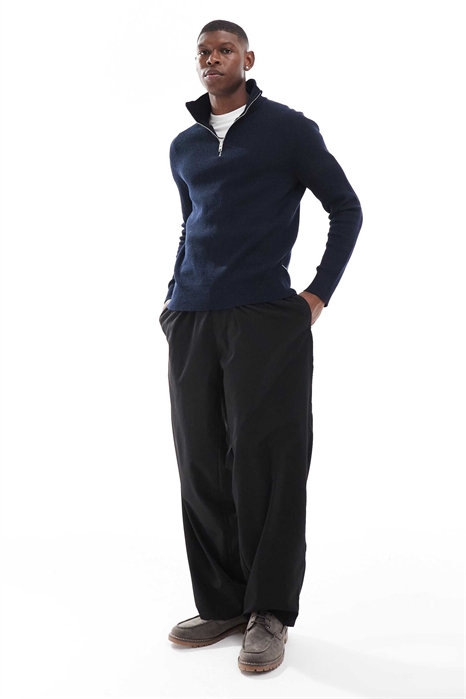 Свитер с полузастежкой-молнией и крупной ребристой вязкой, темно-синий артикул 135571193