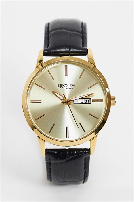 Мужские аналоговые часы Jackson диаметром 40 мм с круглым корпусом из золотого сплава, черным кожаным ремешком и золотым циферблатом артикул 1857188