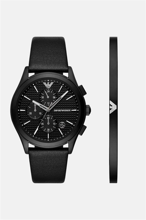 Мужской хронограф: комплект из часов и браслета из чёрной нержавеющей стали артикул 154298555