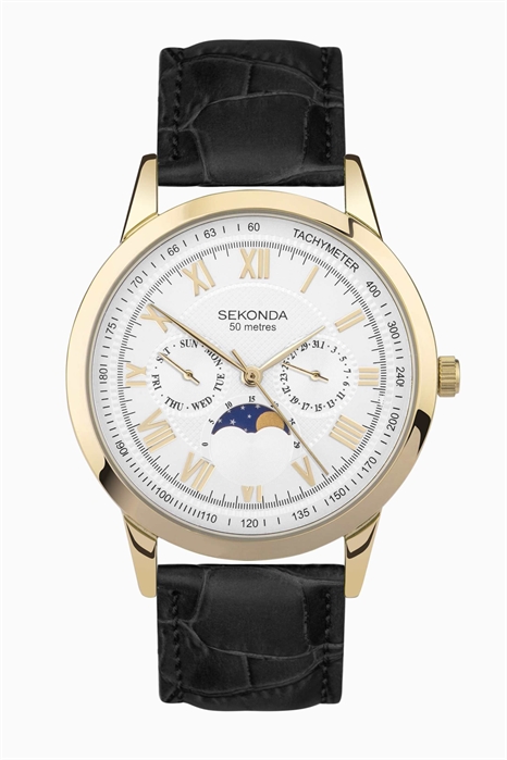 Мужские часы Armstrong с индикатором фаз Луны, диаметром 40 мм, корпусом из золотого сплава, черным кожаным ремешком и серебристым циферблатом артикул 139596534