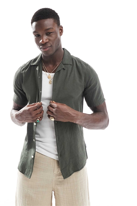 Рубашка с воротником-ревером из смешанного льна артикул 140414594