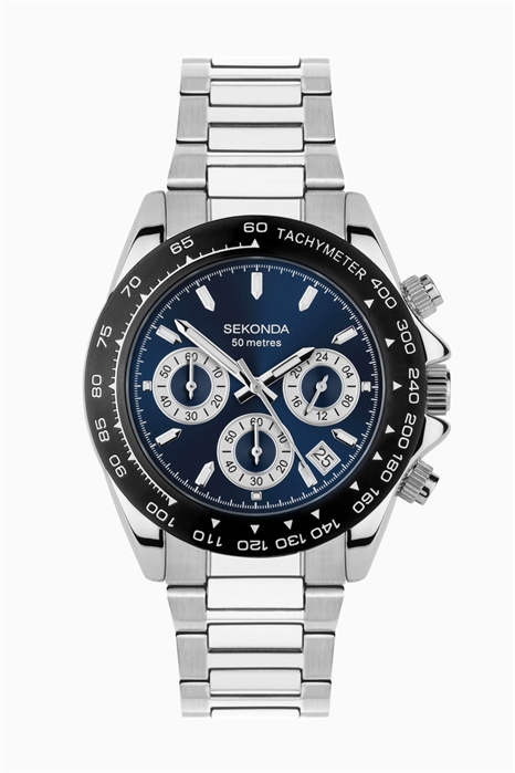 Мужские аналоговые часы Circuit диаметром 39 мм с серебристым корпусом и браслетом из нержавеющей стали, с темно-синим циферблатом артикул 139596488