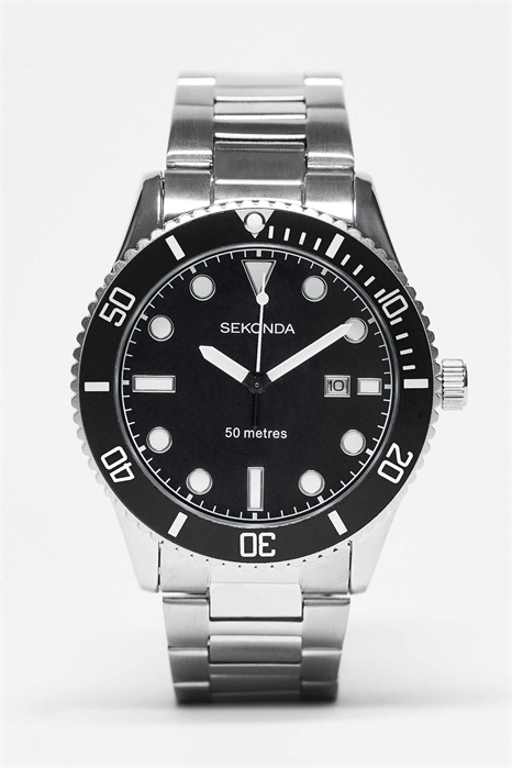 Мужские аналоговые часы Ocean диаметром 43 мм с круглым корпусом из серебряного сплава, браслетом из нержавеющей стали серебристого цвета и черным циферблатом артикул 119875934