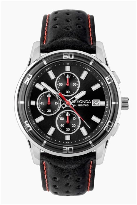 Мужские аналоговые часы Midnight диаметром 44 мм с серебристым корпусом, кожаным ремешком и черным циферблатом артикул 136909511