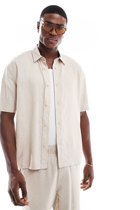 Рубашка с короткими рукавами из смесовой ткани с добавлением льна артикул 149664470