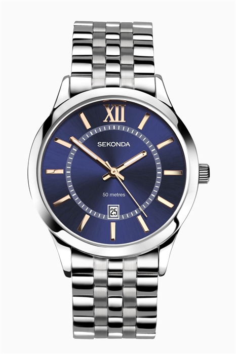 Мужские аналоговые часы Williams диаметром 40 мм с круглым корпусом из серебряного сплава, браслетом из нержавеющей стали серебристого цвета и синим циферблатом артикул 135197052