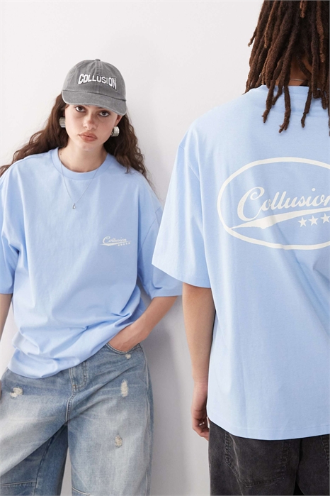 Унисекс футболка синего цвета с принтом, крой «скейтер» артикул 142808139