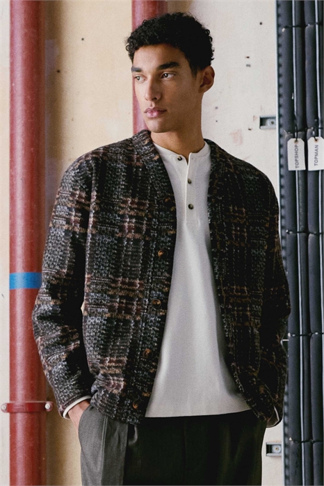 Кардиган из смешанной шерсти с текстурным клетчатым узором, коричневый артикул 154672798