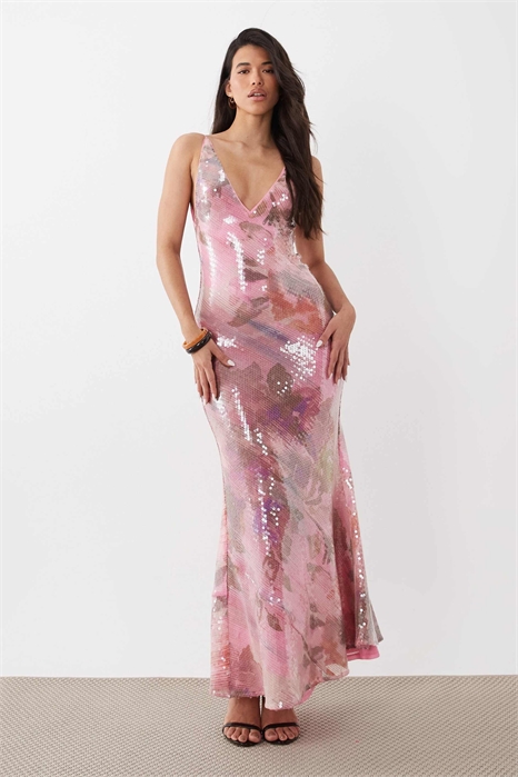 Макси-платье с глубоким вырезом и «рыбьим хвостом», украшенное стеклянными пайетками артикул 154133160