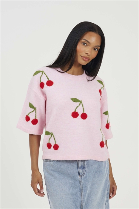 Свитер из жаккардового трикотажа с короткими рукавами и вишневым принтом артикул 156387284