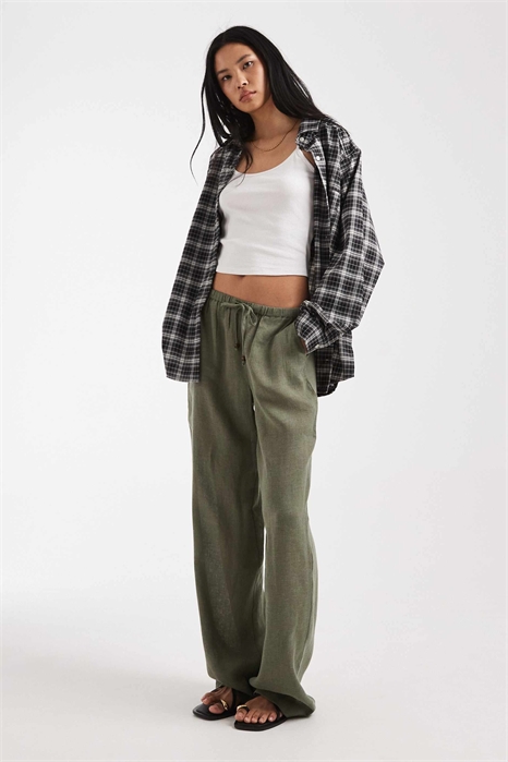 Штаны с широкими брючинами из смешанного льна светло-хаки артикул 154140006