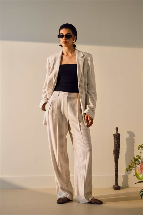 Штаны с широкими брючинами из льна с полосками кремового цвета артикул 140707702