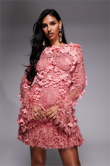 Мини-платье с 3D-цветочным узором в технике «бродер» и отделкой из искусственных перьев артикул 132865940