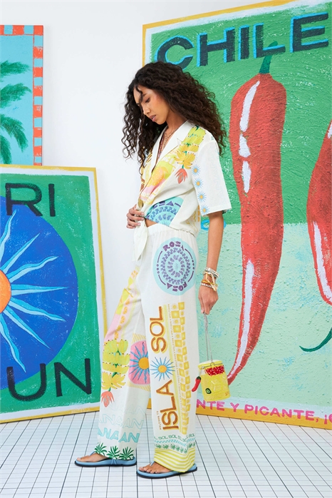 Брюки из льна с графическим принтом ATLAS кремового цвета артикул 144908556