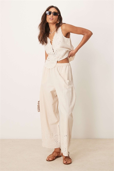 Брюки с широкими штанинами из смешанного льна с вышивкой и волнистым краем co-ord артикул 140413864