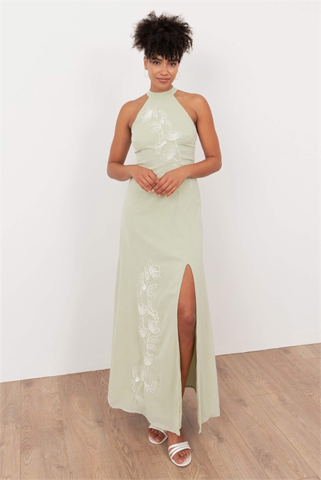 Макси-платье с вышитым декольте «холтер» и вырезом на спине артикул 154345889