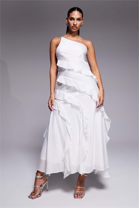 Свадебное макси-платье из шифона с одним плечом и оборками артикул 153251590