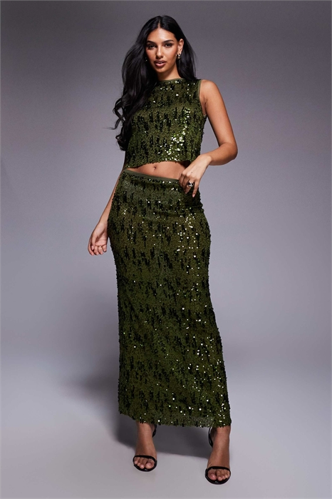 Макси-юбка из сетки с пайетками, зеленого цвета артикул 154833123