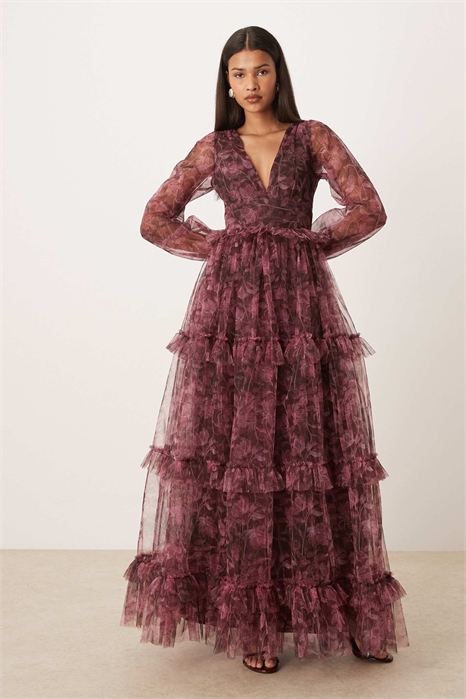 Макси-платье из тюля с кружевом и бисером, глубоким вырезом, прозрачными рукавами и многослойным силуэтом артикул 153786440