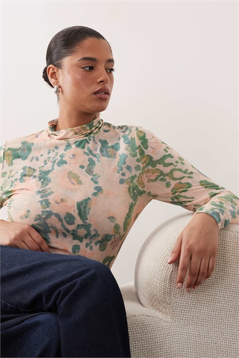 Топ с высоким воротником и длинными рукавами из сетчатой ткани премиум-класса с абстрактным цветочным принтом артикул 151785321