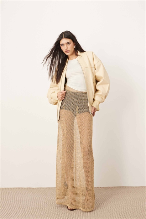 Прозрачная макси-юбка из металлизированного трикотажа с широким кроем артикул 140310176